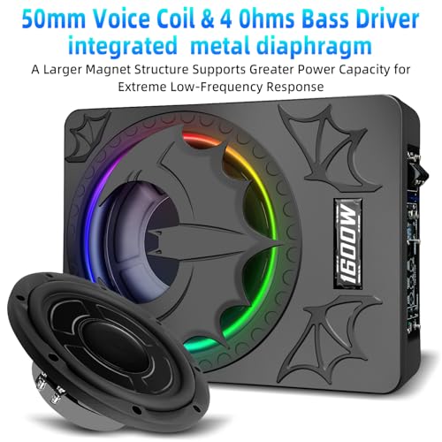 Image of 1600W Slim Underseat Subwoofer with Built-in Amp 10 Inch Sub | RGB Ambient Lighting, LPF /Gain /Bass Boost Controls, Individual Controls, Distortion-Free Deep Bass | Universal Fit for All Car