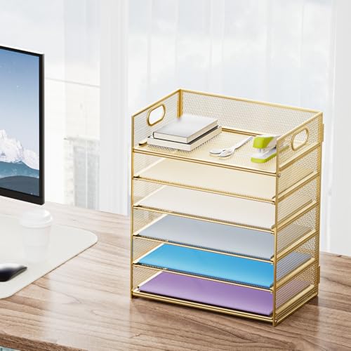 Image of Marbrasse 2 Pack Desk Organizer with Handle, 6 Tier Paper Letter Tray, Mesh Desk File Organizer for Office, School and Home - Gold