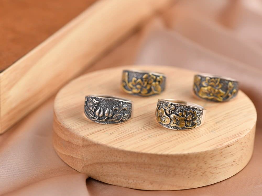 HGJH Ring Silber 925 Damen, 925 Sterling Silber Damen Schmetterling Lotusblume Verstellbare Ringe Vintage Ethnische Matte Verstellbare Ringe Energie Charme Hochzeit Schmuck Geschenke Für Männer Damen