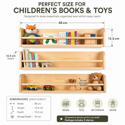 Image of Decazone Nursery Wall Shelves Set of 3, Solid Pine Wood Floating Bookshelves for Kids Room, Bathroom, Kitchen & Living Room - Multipurpose Wall Storage & Display Rack (Natural Finish)