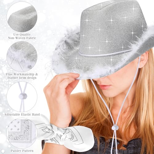 Image of Coume 12 Pcs Sparkly Adults Cowboy Hat and Bandanas Women Men Western Glitter Cowgirl Party Hats with Adjustable Drawstring