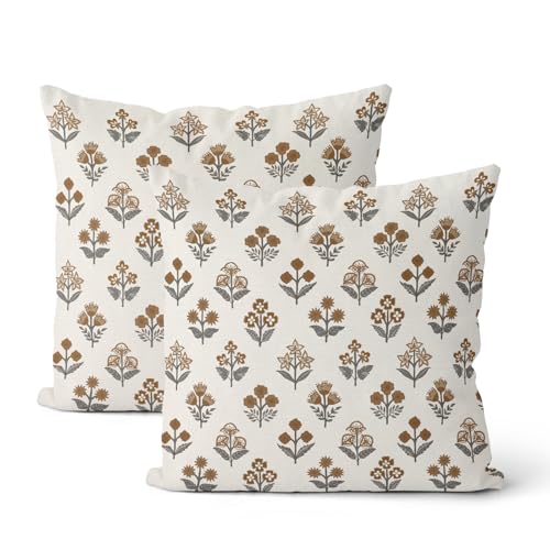 Brown Grey Pillow Covers 18x18 Inch 2 Pcs Gray Block Print Vintage Floral Decor Throw Pillows Boho Flower Spring Summer Outdoor Seasonal Decoration Pillowcase Linen Cushion Cover for Couch Sofa
