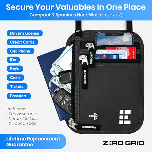 neck wallet for travel amp passport holder with rfid blocking - slim amp easy to conceal nylon travel pouch for men amp women - holds phone cash cards keys - sweat amp water resistant - large - dark grey