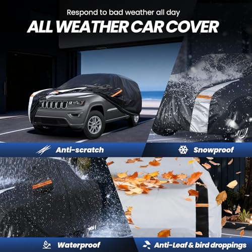 Image of Multi-Layer Car Cover Custom Fit for Jeep Cherokee(2013-2026), 100% Waterproof All Weather for Automobiles, Gift with Towel, Heavy Duty Car Covers for Rain Sun UV Protection with Door Zipper