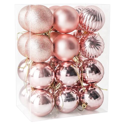 24 Pieces 60mm Christmas Baubles, Christmas's Balls Decoration Christmas Tree Pendants, Decorations Xmas Hanging Ornaments, Rose Gold