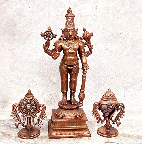 Image of Copper Idols of god Srinivasa Perumal with Sanghu Chakram, 5.1 inches, 420 Grams, Patina Antique Finish, Pack of 3 Piece