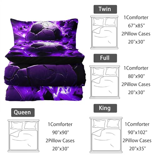 Image of Nttopship Soccer Bedding Comforter Set Full Size for Kids Teens and Adults, Purple and Black Football Printed Bedding Sets 3 PCS,Ball Sports Themed Bedroom Decor with 1 Comforter and 2 Pillowcases