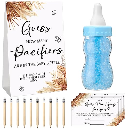 Image of Roowest 512 Pcs Baby Shower Games Guess How Many Pacifiers Sign 100 Small Guessing Games 10 HB Pencils 750ml Milk Bottle 400 Acrylic Pacifiers Decoration for Guest Gender Reveal(Blue,Boho)
