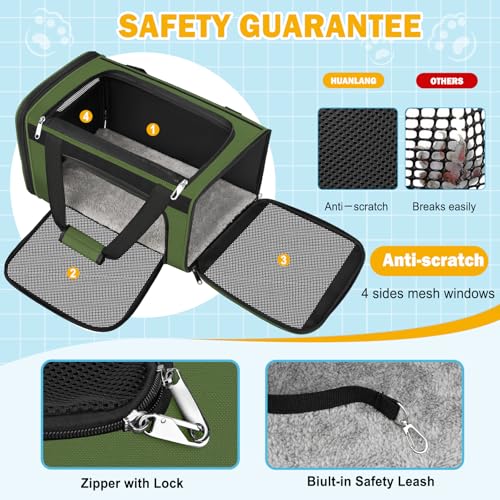 HUANLANG Large Cat Carrier Soft Sided Travel Pet Carrier Airline Approved | Dog Carriers for Small Dogs Medium Cats,Collapsible,3 Storage,zipper lock,Reflective strips,Luggage Strap, Up to 15 Lbs - Image 5