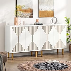 Tribesigns Modern White Storage Cabinet Set, Freestanding Floor Cabinet, Classic 59 inches Sideboard, Wood Buffet Cabinet with Doors, Large Storage Cabinet for Living Room, Dining Room, Garage