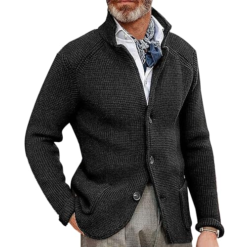 Men's Long Sleeve Stand Collar Cardigan Sweaters Button Down Casual Knitted Sweater Slim Fit Knitwear with Pockets