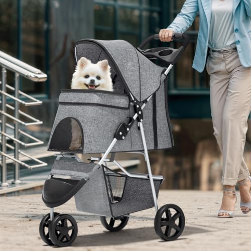 Image of Magshion 3-Wheel Pet Stroller, Foldable Travel Jogger for Small & Medium Dogs & Cats (Up to 33lbs), Lightweight Carrier with Breathable Mesh Cover, Cup Holder & Storage Basket, Gray