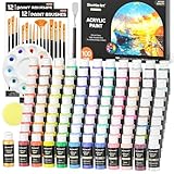 Shuttle Art 100 Colors Acrylic Paint, 2oz/60ml Bottles, Include 2 Sets of 12 Paint Brushes, 1 Art Sponge & Palette, Premium for Artists, Beginners & Kids on Canvas Rocks Wood Ceramic