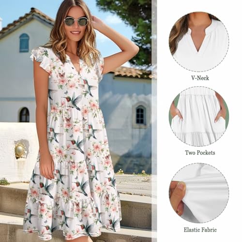 Image of Women's Casual Ruffle Sleeve Dress V Neck Pullover Dress Flowy A-Line Pleated Lightweight Dress with Pockets