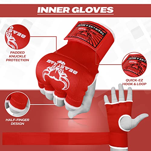 BEAST RAGE Inner Gloves with Hand Wraps Quick Wrap Long 36\" Wrist Support MMA Muay Thai Bandages Punching Martial Arts Training Men Women Kickboxing Bandages Under Bag Gloves (Red Rage, Kids Junior) - Thumbnail 5