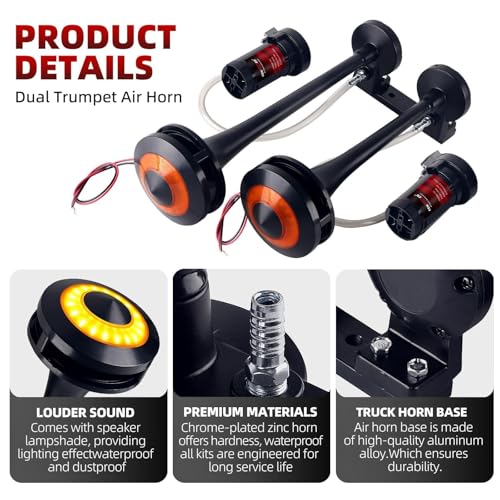 Image of Dual Tone 12V Air Horn Kit with Light Cover, 150DB Super Loud Truck Horn with 2 Compressors,Metal Train Horn for truck,Car,Motorcycle,Boat,SUV,Off-Road Vehicle(2 speakers with button)