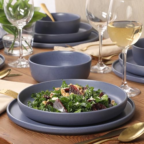 Image of Gibson Elite Bayou Moon Plates and Bowls Sets, 16-Piece Blue Matte Stoneware Dinnerware Sets, Solid Color Reactive Glaze Dish Set