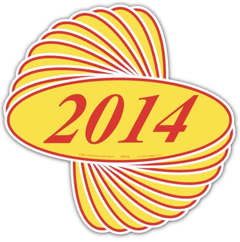 Oval Year Model Car Decals (2012–2026) – Bold Windshield Stickers – Multiple Colors – Waterproof, Easy to Apply and Remove- Made in The USA (Red & Yellow, 2014)