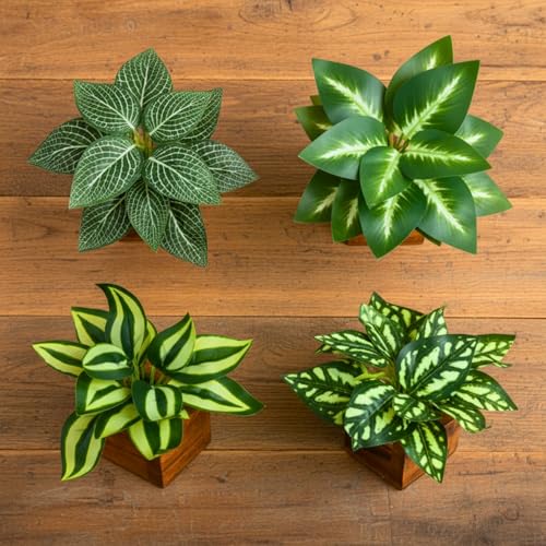 Image of DecoreBugs Artificial Leaves Potted Plants in Wooden Pot (4 Pack) Money Plant | Small Plants for Home Decor | Office Decor