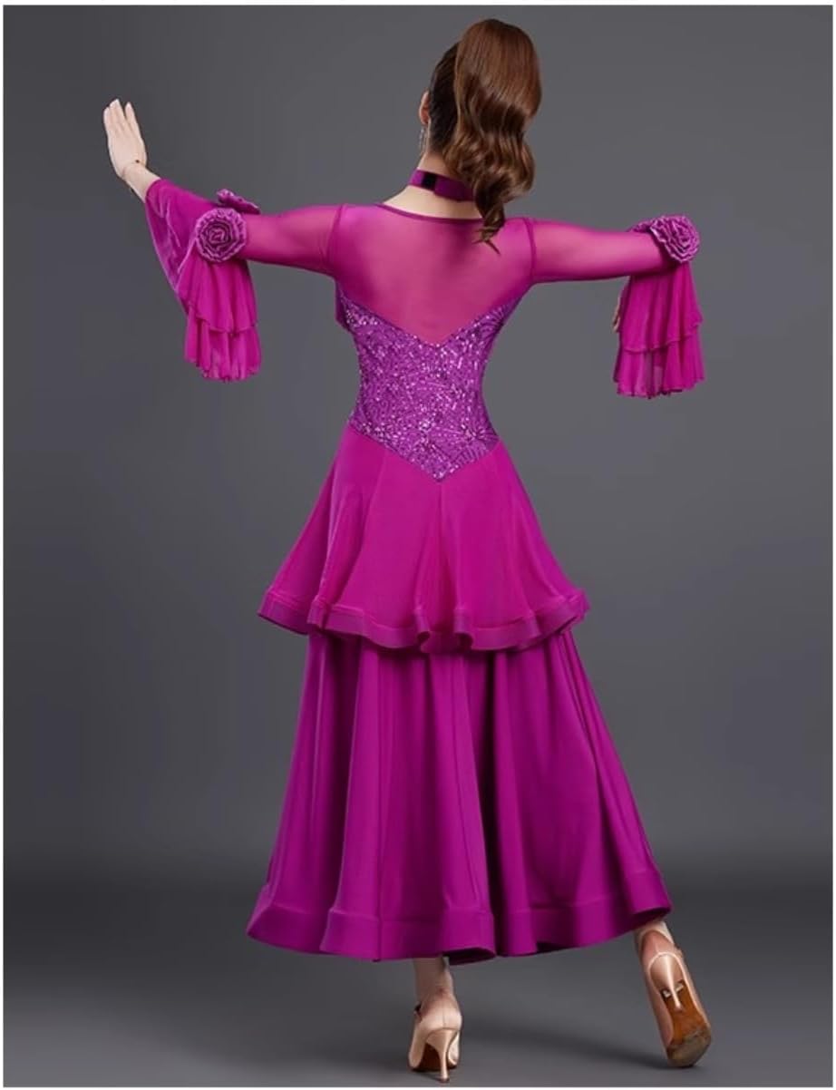 社交ダンス　ピンクフレアドレス 長袖 ビーズ装飾 社交ダンス ピンクフレアドレス 長袖 ビーズ装飾 社交ダンス用ドレス