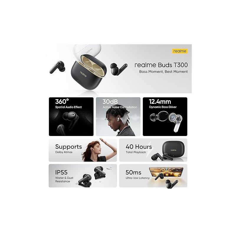 realme Buds T300 Truly Wireless in-Ear Earbuds with 30dB ANC, 360° Spatial Audio Effect, 12.4mm Dynamic Bass Boost Driver with Dolby Atmos Support, Upto 40Hrs Battery and Fast Charging (Stylish Black) - Image 3