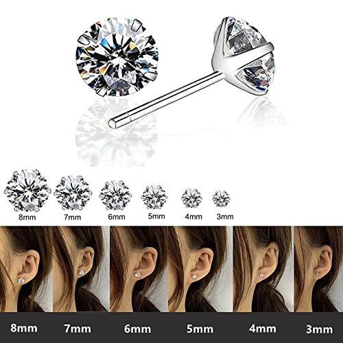 6 Pairs Stud Earrings for Women，Hypoallergenic Stainless Steel Earrings，3-8mm Cubic Zirconia Earrings Studs3