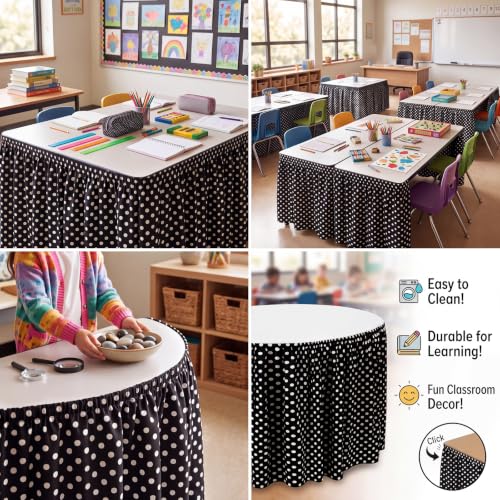 Image of Oudain 9 ft Black and White Polka Dots Table Skirt Cloths for Teacher Desk Boho Wrinkle Polka Dots Table Cover Skirt for Kindergarten Classroom Kidney Shaped Desk Back to School Supplies