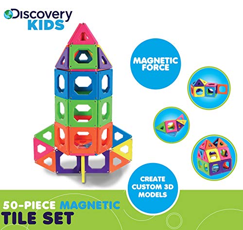 Discovery Kids 50-Piece Magnetic Building Tiles Construction Set In 6 Colors With Storage Bag, Educational Learning Toy Safe For Kids 4 5 6 7 8 9 10 #TOP4