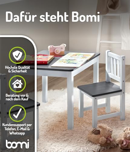 Bomi Kindersitzgruppe Holz Amy | Kindertisch mit 2 Stühlen | Tisch & Stühle Kinderzimmer Set | Spieltisch | Kindertisch für drinnen | Maltisch & Basteltisch Kinder | Kindermöbel Weiß Grau