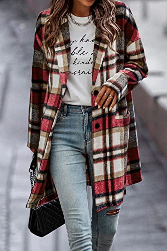 Prettygarden Women's 2023 Plaid Shacket Jacket Casual Button Wool Blend Winter Tartan Trench Coat With Pockets (Red,Medium) #TOP6