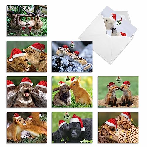 Image of The Best Card Company - 10 Blank Animal Christmas Note Cards for Men and Women - Assorted Bulk Holiday Cards for Men and Women, Fun Wildlife (4 x 5.12 Inch) - Holiday Animal Smackers M6594XSB