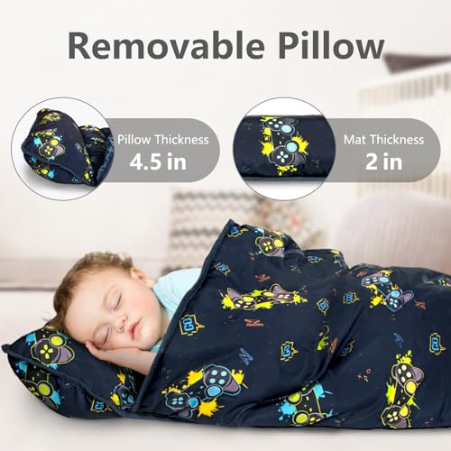 Image of Primlect Thickened Toddler Nap Mat with Removable Pillow and Minky Blanket, Extra Large 55''x35'' Sleeping Bag, Washable, Roll up, Perfect for Daycare, Preschool, Kindergarten, Boys and Girls