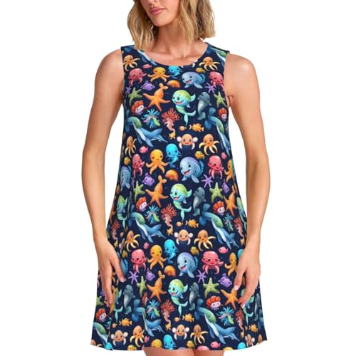 Robe d'été sans manches femme imprimé vie sous-marine motif océan fluide