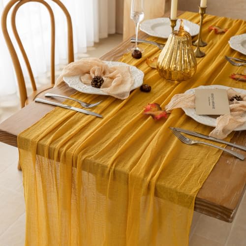 Image of Fall Golden Cheesecloth Table Runner 120 Inch Party Home Decorations | For Thanksgiving Friendsgiving Wedding Bridal Shower Baby Shower Engagement Party 10FT Rustic Boho Home Decor