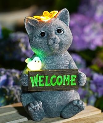 Fashionoda Solar Cat Figurine Garden Statues : Outside Welcome Cat Statue with Butterfly for Garden Decor and Yard Decorations - Unique Gifts for Women and Mom