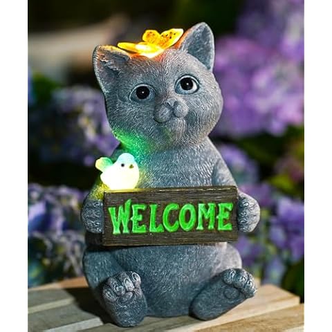 Fashionoda Solar Cat Figurine Garden Statues : Outside Welcome Cat Statue with Butterfly for Garden Decor and Yard Decorations - Unique Gifts for Women and Mom Cover
