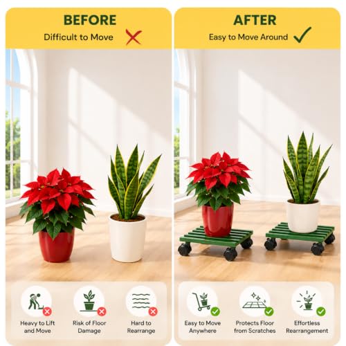 Image of Square Rolling Plant Stand, Heavy Duty Metal Planter Holder with Wheels, Rust-Proof Indoor Outdoor Plant Stand for Balcony Garden Home, Mobile Pot Caddy (Green, Pack of 2)