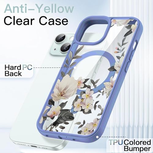 Image of VONZEE Compatible with iPhone 15 Plus Case Luxury Retro Flowers Floral Clear for Magnetic Wireless Charging Case Shockproof Case PC+TPU Cute Glossy Shiny Cover for Girls Women, 6.7'' Official Blue