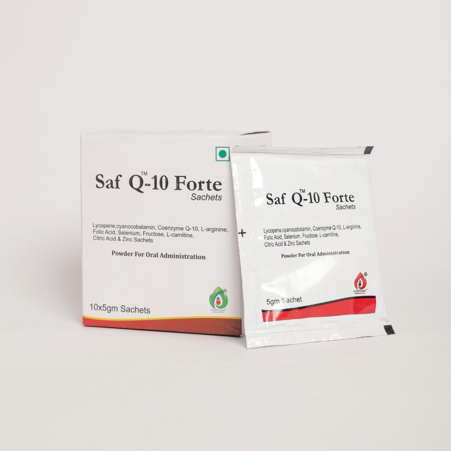Agrosaf Saf Q-10 Forte Sachets | Coenzyme Q10, Lycopene, L-Arginine, L- Carnitine, Folic Acid, Zinc & Selenium Sachet | Powder for Oral Administration | Nutritional Supplement Sachets