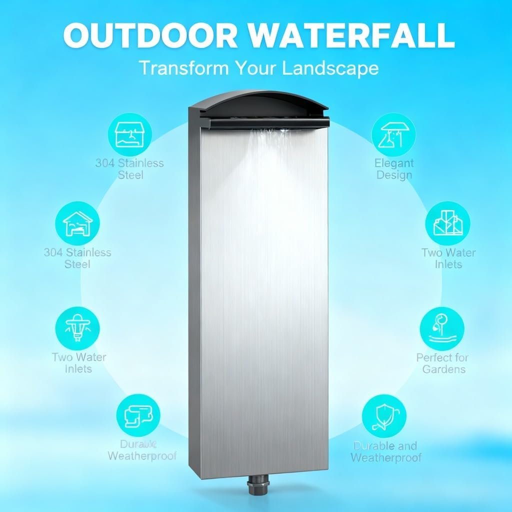 304 Stainless Steel Waterfall Spillway, Outdoor Fountain Water Feature Spout 300mm / 11.8 Inch - Large Wide Opening, Flexible Installation, Ideal for Pool and Pond (Half Wrapped Style)