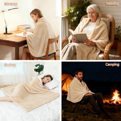 Ahigh Heizdecke mit Akku Kabellos, Elektrische Wärmedecke mit 3 Temperaturstufen & Überhitzungsschutz 150x80cm Doppelseitig Flanell Doppelte Dicke Ideal für Zuhause, Büro, Camping | Waschbar
