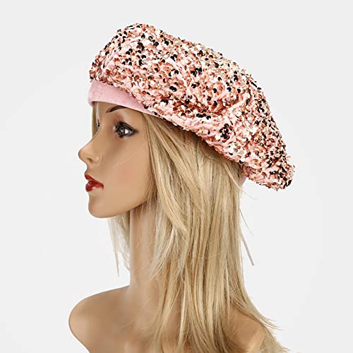 Eachever Women Bling Beret Hats Sequin Cap Fashion Sparkle Shining French Style Beanie Pink #TOP1