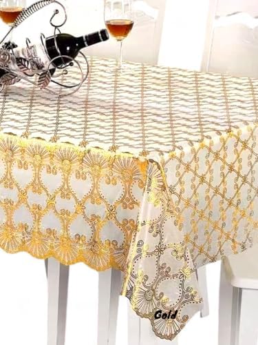 Image of CASA-NEST PVC Gold Embossed Exclusive Table Cover, Size 36X54, 4 Seater Golden Table Cover, Gold001 (Gold1), Rectangular