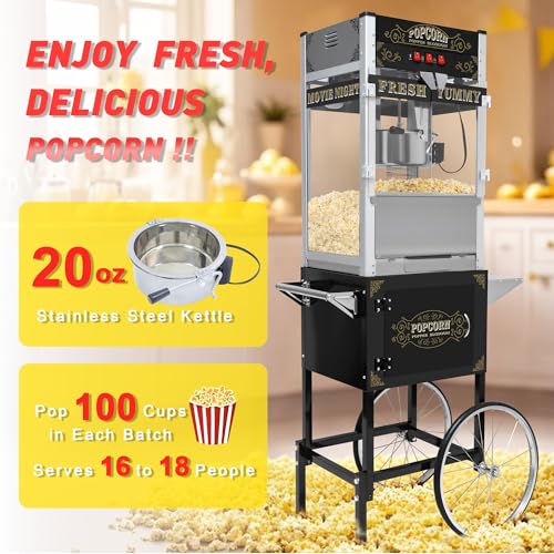Image of 20OZ Commercial Popcorn Machine with Cart & Wheels 丨 Stainless Steel Kettle Popcorn Maker for Home, Theater, Parties丨 Grade Electric Popper, Black