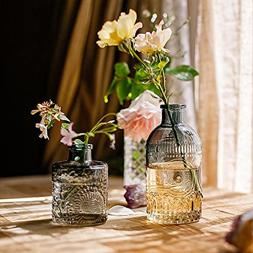 Wildmos Glass Bud Vase Set Of 3, Small Flower Vases For Decorative, Gradient Glass And Embossed Style Mini Glass Bottles For Home Decor, Vintage Glass Bottles For Centerpiece 3.3"-5.2''H(Green) #TOP1