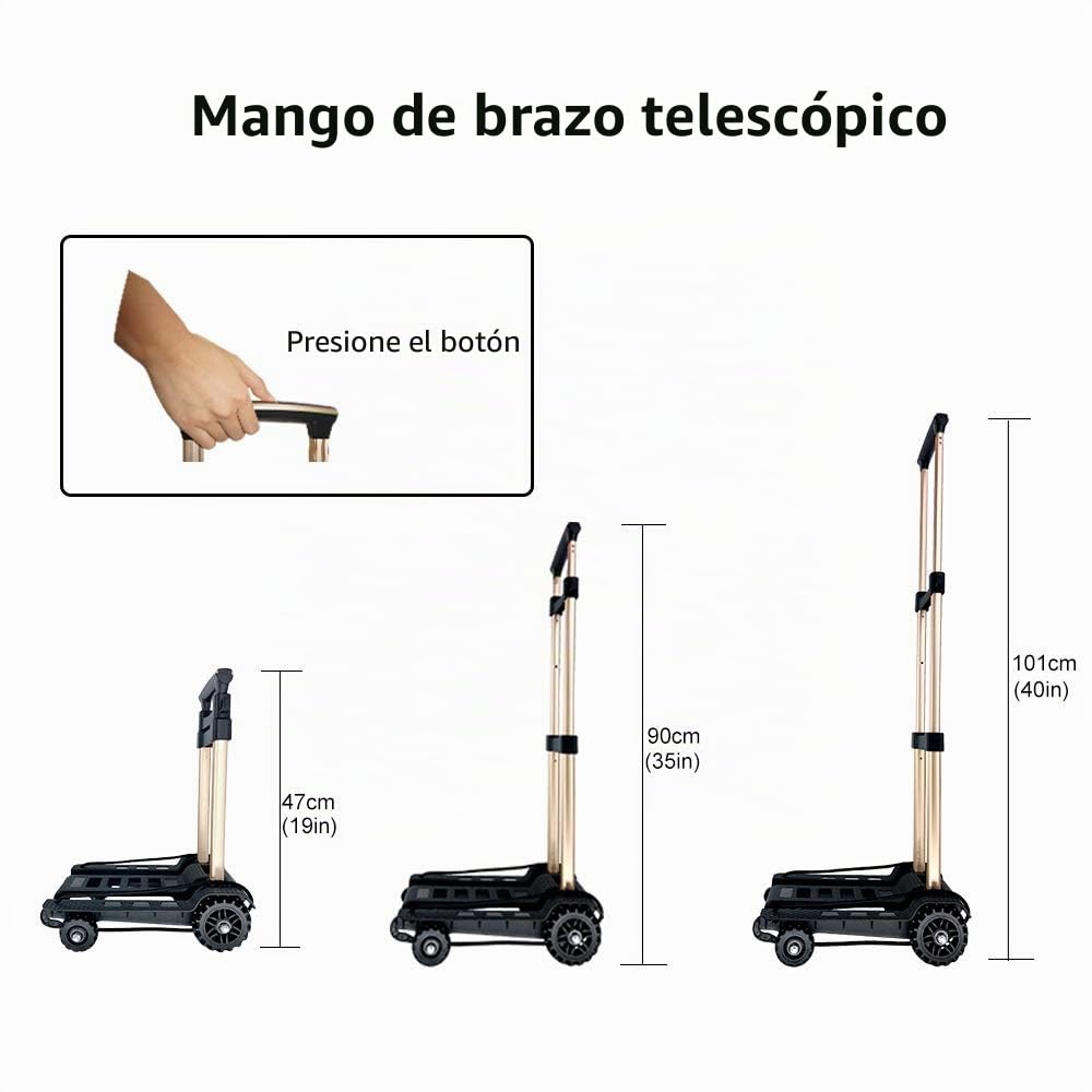 Carretilla Plegable, con Rueda de Tanque de Resistentes al Desgaste sin Ruido y Barra de Compacto Ligero Duradero de Aluminio Asa Retráctil，Carga Máxima 60 KG/132 LBS, Portátil sólo 3.9 LBS