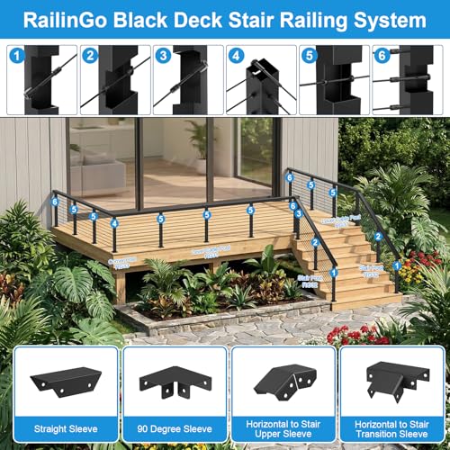 RailinGo 2Pack Aluminum Extension Connector for Rectangular Handrail, Black Powder Coated Straight Sleeve for Cable Railing Handrail System, Flat Handrail Accessories, Black Wire Railing Kits, RG50 - Thumbnail 7