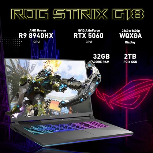 Image of ASUS ROG Strix G18 18 inch WQXGA 240Hz Gaming Laptop, AMD Ryzen 9 8940HX, GeForce RTX 5060 8GB GDDR7, 32GB DDR5, 3TB Storage(2TB SSD+1TB Docking Station Set), 4-Zone RGB Backlit Keyboard, Win 11 Pro, Gray