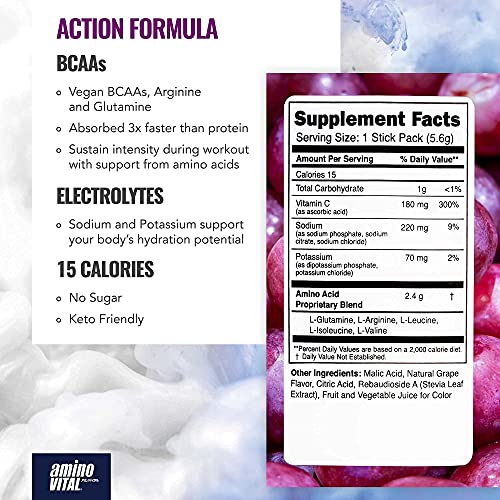 Amino Vital Action & Rapid Recovery- Bcaa Amino Acids Pre And Post Workout Packets | No Caffeine, Vegan, Gluten Free | 14 Single Serve Stick Pack | Grape And Blueberry Flavor #TOP2