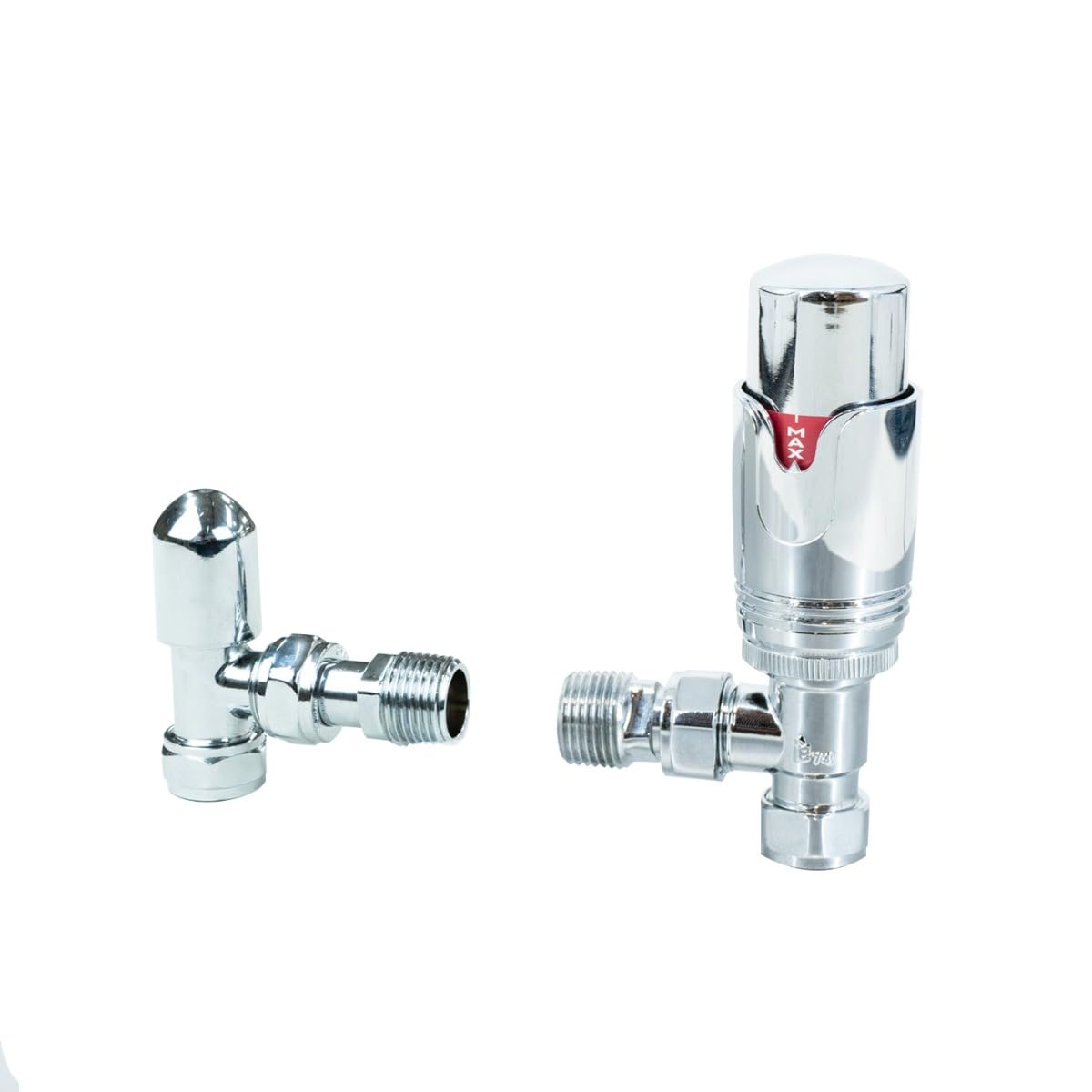 Thermostatic Radiator Valves Brass Polished Chrome Angled TRV Set Lockshield 1/2" x 15mm Manual Rotary Knob 6-28 Degrees Temperature Range 10 Year Guarantee